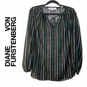 Diane Von Furstenberg Black Long Sleeve Polka Dot Sheer Peasant Blouse Blouse XS